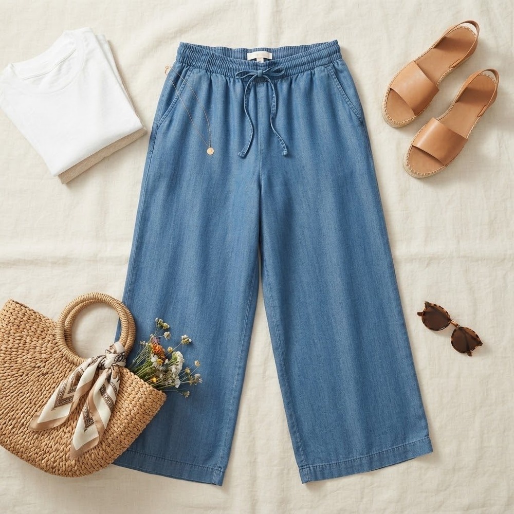 Workshop Republic Clothing Blue Lyocell Wide Leg Chambray Drawstring Pants Small
